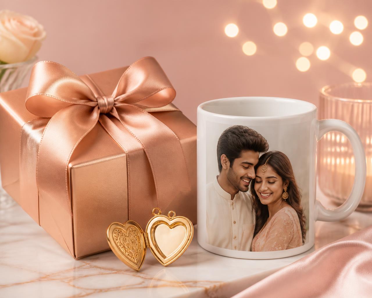 Personalized Gifto hamper with a satin ribbon gift box, photo mug and gold heart locket